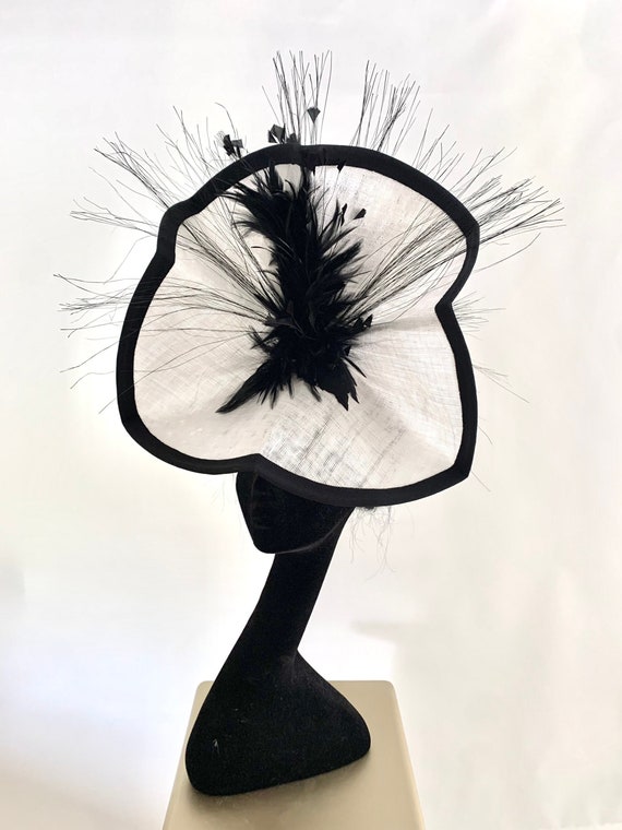 Big Derby Sinamay Hat in Black and White With Lots of Feathers - Etsy