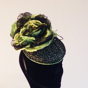 Couture completely handmade cocktail hat in black and springgreen with many many beads on aliceband image 3