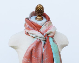 burnt orange and jade silk scarf, oversized hand printed botanical scarves,