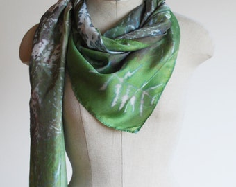 fall woodland scarf, green silk scarf,  hand printed scarves by 88editions