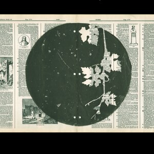 May include: A black and white image of a newspaper page with a large, dark green circle in the centre. The circle is partially obscured by a white vine with leaves. The newspaper text is visible around the circle.