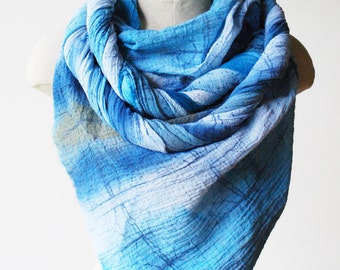 Oversized shawl, large cotton scarf, hand printed scarf, faded blues