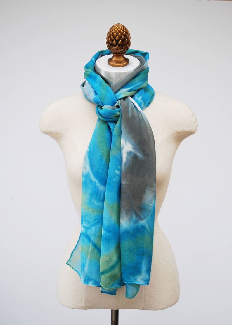 blue green gray silk chiffon scarf, shibori died scarves by 88editions image 2