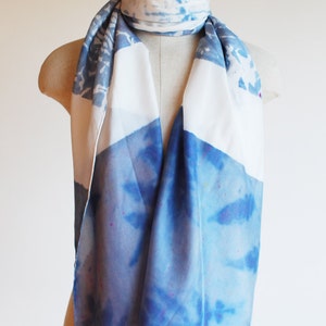 Spring skies, hand painted scarf, hand printed scarf, indigo blue,