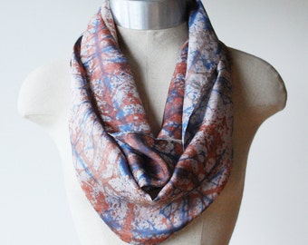 hand painted silk scarf, screen printed scarf, navy and rust plaid print