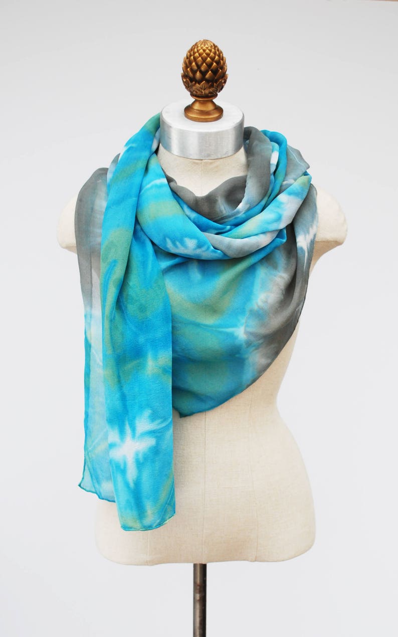 blue green gray silk chiffon scarf, shibori died scarves by 88editions image 3