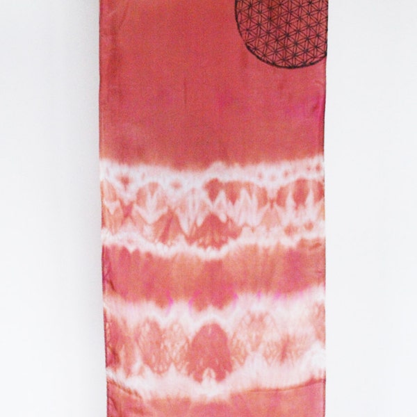 Soft rose, hand printed silk scarf, shibori dyed scarf, flower of life symbol, asian design