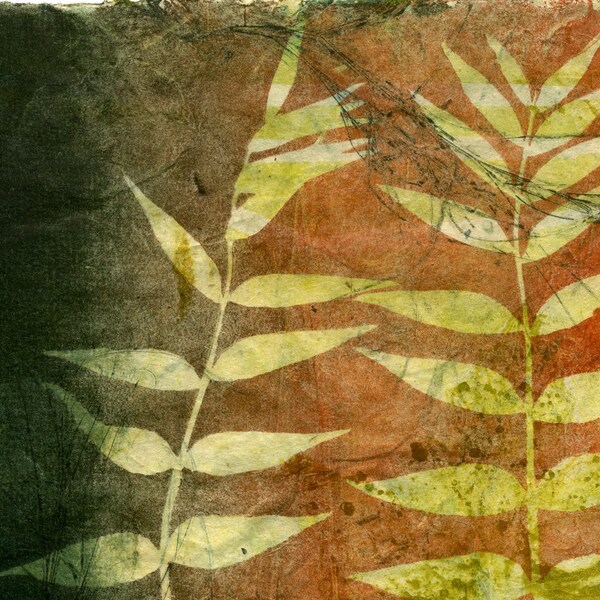 Secret Life of my Garden, ooak gelatin monoprint on handmade paper