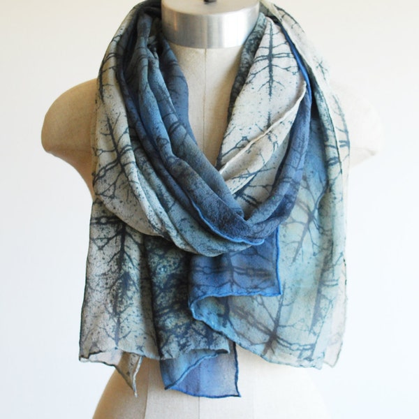 Soft blue hand printed silk chiffon scarf by 88editions