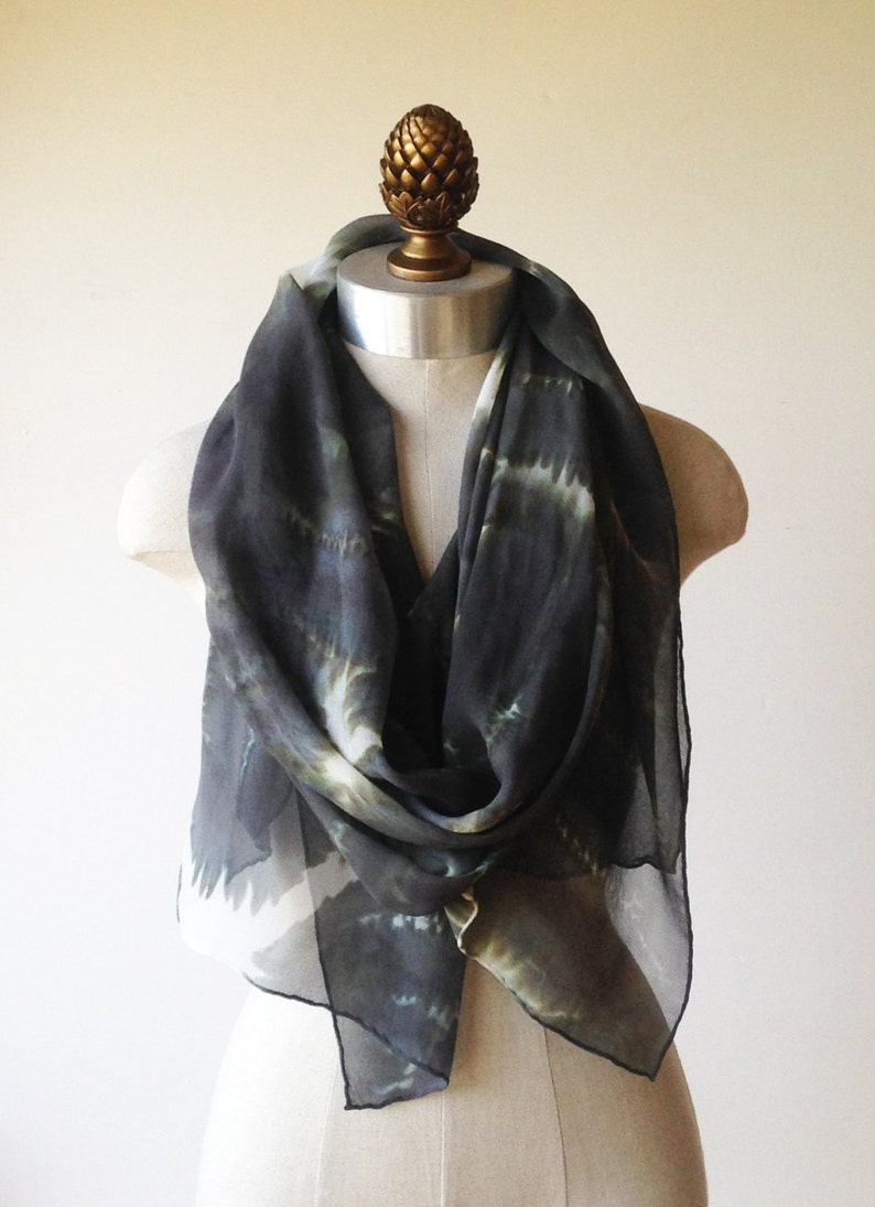 silk chiffon scarf, hand painted wrap, charcoal scarf, animal print image 1