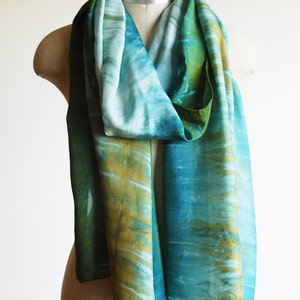 shibori dyed blue green silk scarf, oversized transitional shawl
