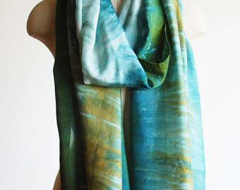 shibori dyed blue green silk scarf, oversized transitional shawl