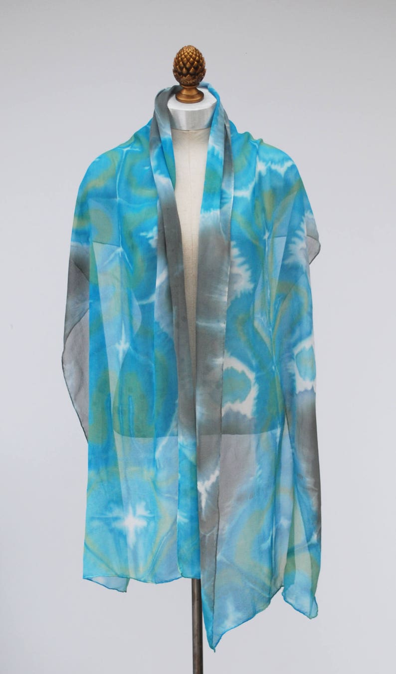 blue green gray silk chiffon scarf, shibori died scarves by 88editions image 4