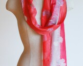 vibrant coral silk scarf, spring scarf, screen printed, hand dyed, unique scarf