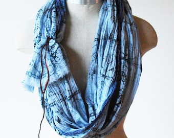 Indigo scarf, hand printed scarf, screen printed scarf, boho fashion, faded blue