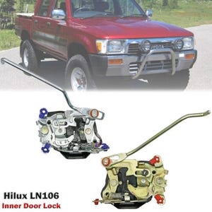 May include: Two inner door locks for a Hilux LN106, with a red pickup truck in the background. The locks are silver and gold, with rods attached. The text "Hilux LN106 Inner Door Lock" is at the bottom of the image.