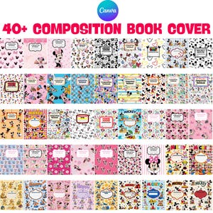 May include: A collection of over 40 composition book covers featuring various Disney character patterns, including Mickey Mouse, Minnie Mouse, Donald Duck, and Goofy. Each rectangular cover displays a central label area for writing a name.
