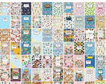 Könnte beinhalten: Eine Sammlung von über 70 Notizbuch-Einbänden mit verschiedenen Toy Story-Charakter-Mustern, farbenfrohen Illustrationen und weißen Etiketten für Namen. Jeder rechteckige Einband zeigt unterschiedliche animierte Designs, darunter Woody, Buzz Lightyear und andere Filmfiguren in vielfältigen Farbpaletten und sich wiederholenden Motiven.