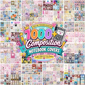 May include: A digital collection of over 1000 composition notebook covers featuring diverse graphic designs, patterns, and cartoon characters. The central graphic displays the text 1000+ Composition Notebook Covers with colorful illustrations of school supplies like pencils, scissors, and a ruler.