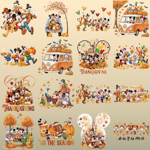 Pode incluir: Uma coleção de dezasseis ilustrações de personagens da Disney com o Rato Mickey, a Rata Minnie, o Pato Donald, a Margarida, o Pateta e o Pluto em várias cenas de outono e Ação de Graças com abóboras, folhagem, carrinhas e o texto Thanksgiving, Tis The Season e Autumn.