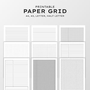 May include: A collection of printable paper grid designs, including lined, dotted, and graph paper styles. The text at the top reads "PRINTABLE PAPER GRID" with size options A4, A5, Letter, and Half Letter. The designs are in black and white.