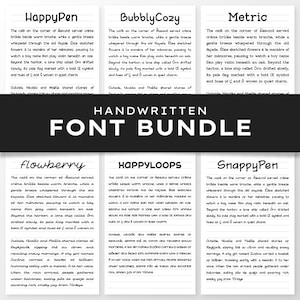 May include: A collection of handwritten font samples, each with a unique name like HappyPen and Flowberry. The fonts are displayed with a short paragraph of text, showcasing their style and readability.