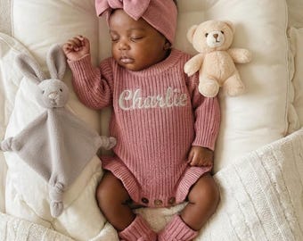 Personalized Baby Girl Romper with Headband and Booties, Dusty Rose Ruffle Knit Sweater, Embroidered Name Coming Home Outfit, Newborn Gift