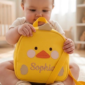 Mochila infantil personalizada con nombre, bordada a medida, con diseño de pato, ideal para niñas y niños. Mochila amarilla con diseño de animal para preescolar y jardín de infancia. Regalo nuevo.