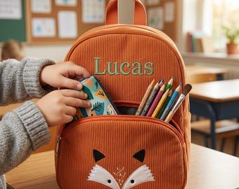 Mochila infantil bordada con nombre personalizado, mochila escolar de pana con diseño de zorro, mochila personalizada de tela acanalada, regalo único para niños con temática de animales del bosque.