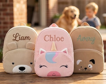 Personalized Corduroy Backpack for Kids Custom Name Embroidered School Bag Retro Animal Ear Daypack Sturdy Ribbed Texture Nursery Gift