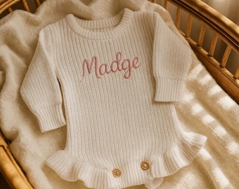 Custom Name Ruffle Knit Romper, Embroidered Baby Outfit, Birth Announcement, Baby Shower Gift, Warm Chunky Sweater, 100% Cotton