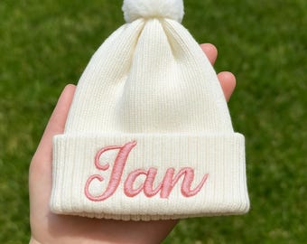 Personalized baby beanie embroidered name knit hat custom newborn hat soft cotton pom pom winter baby shower hat toddler hat baby gift
