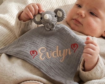 Elephant comfort towel,Embroidered Crochet Animal Baby Lovey, Personalized Security Blanket, Soft Muslin Teething Toy, Newborn Shower Gift,