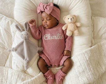 Personalized Baby Girl Romper with Headband and Booties, Dusty Rose Ruffle Knit Sweater, Embroidered Name Coming Home Outfit, Newborn Gift