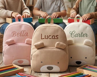 Bear Ears Personalized Kids Backpack Custom Name Embroidered Corduroy Style Toddler Bag Pastel School Bag Unique Gift For Little Students