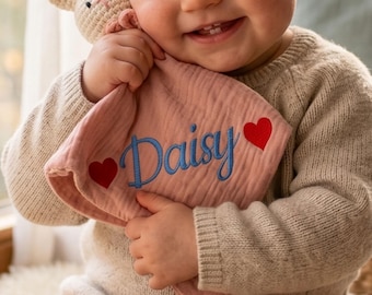 Personalized Crochet Animal Lovey,Custom Embroidered Baby Security Blanket,Organic Cotton Muslin Teething Toy, Rabbit comfort towel
