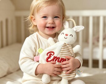 Personalized Baby Lovey Blanket Bunny Stuffed Animal Soft Cuddle Toy for Toddler Custom Name Embroidered