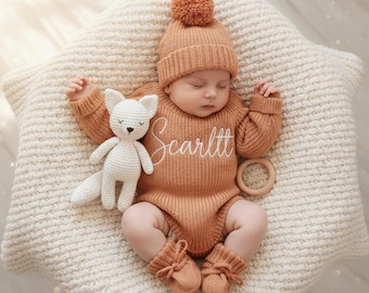 newborn girl&boy coming home crochet outfit,Personalized Knit Baby Clothing,custom Embroidered Name ruffle Romper,baby outfit for hospital