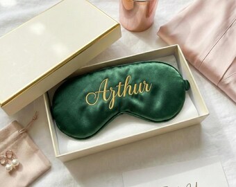Custom Name Sleep Mask for Men,Personalized Groomsmen Gift, Luxury Black Satin Eye Mask for Travel, Full Light Blackout, Unique Gift for Him