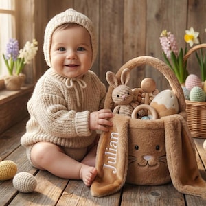 May include: A baby wearing a beige knit sweater and bonnet sits next to a brown Easter basket. The basket is shaped like a bunny with long ears and contains a crochet bunny, wooden toys, and an egg. The name "Julian" is embroidered on the basket.