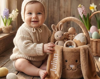 Cesta de conejo de Pascua extragrande de peluche marrón para niños, personalizada, con nombre bordado, cubo gigante para conejos, bolsa para la primera búsqueda de huevos de Pascua del bebé