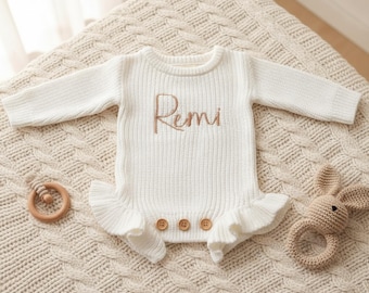 Custom Name Knit Romper, Embroidered Baby Clothing, Newborn Hospital Going Home Outfit, Birth Announcement, Warm Chunky Sweater