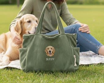 Custom Golden Retriever Portrait Bag Personalized Dog Mom Gift Embroidered Dog Face Tote Corduroy Shoulder Bag Dog Lover Gift with Name