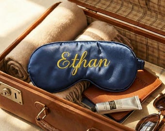 Custom Name Sleep Mask in Navy Blue, Personalized Eye Mask for Men, Luxury Satin Silk Blindfold for Travel, Full Blackout, Gift for Husband