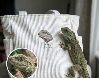Personalized Lizard Portrait Bag Custom Reptile Lover Gift Embroidered Bearded Dragon Tote Corduroy Bag Exotic Pet Mom Gift Reptile Owner