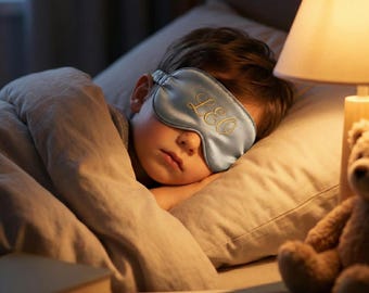 Personalized Little Brother Sleep Mask, Custom Name Sibling Eye Mask for Flight, Gray Satin Blackout Blindfold, Unique Kids Travel Gift Idea