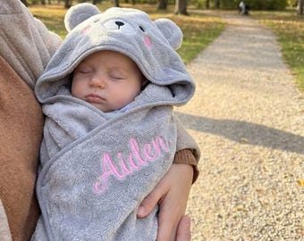Personalized Newborn Hooded Towel, Custom Name Embroidered Animal Wrap, Baby Registry Must-Have, Soft Absorbent Nursery Essential