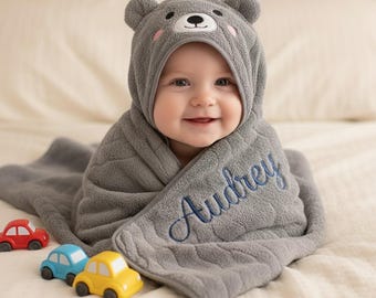 Personalized Koala Bear Hooded Towel, Custom Name Embroidered Wrap, Gender Neutral Baby Gift, Soft Gray Animal Bathrobe