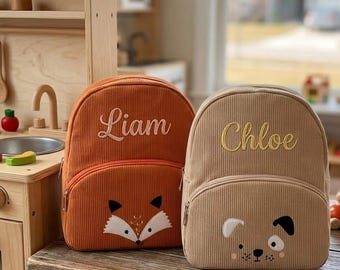 Gepersonaliseerde kinderrugzak met naam corduroy dierenschooltas Aangepaste geribbelde textuur peuter dagrugzak Duurzaam vospuppy cadeau voor kinderen