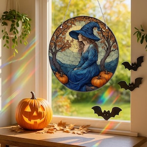 Halloween Witch Suncatcher – Stained Glass Style Acrylic Window Hanging with Pumpkins & Autumn Trees for Seasonal Home Décor